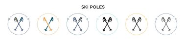 Kayak direkleri ikonu dolu, ince çizgi, ana hatlar ve vuruş stili. İki renkli ve siyah kayak direğinin vektör illüstrasyonu vektör simgeleri mobil, ui, web için kullanılabilir
