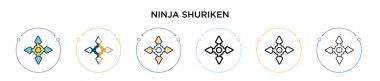 Ninja shuriken simgesi dolu, ince çizgi, özet ve vuruş stili. İki renkli ve siyah ninja shuriken vektör simgesi tasarımı mobil, ui, web için kullanılabilir
