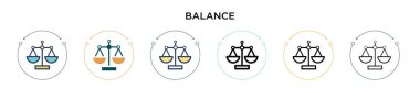 Denge simgesi, ince çizgi, özet ve vuruş stili. Mobil, ui, web için iki renkli ve siyah denge vektör ikonu tasarımının vektör illüstrasyonu kullanılabilir