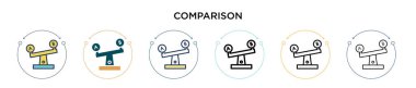 Karşılaştırma simgesi dolu, ince çizgi, özet ve vuruş stili. Mobil, ui, web için iki renkli ve siyah karşılaştırma vektör ikonu tasarımının vektör illüstrasyonu kullanılabilir