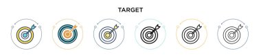 Hedef simgesi doldurulmuş, ince çizgi, özet ve vuruş stili. Mobil, ui, web için iki renkli ve siyah hedef vektör ikonu tasarımı vektör illüstrasyonu kullanılabilir