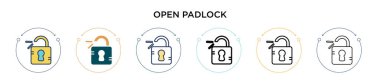 Kilit simgesini aç, ince çizgi, ana hatlar ve vuruş stili. Mobil, ui, web için iki renkli ve siyah asma kilit vektör ikonu tasarımı vektör illüstrasyonu kullanılabilir