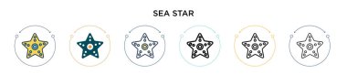 Deniz yıldızı ikonu. İnce çizgi, dış hatlar ve vuruş stili. Mobil, ui, web için iki renkli ve Karadeniz yıldız vektör ikonu tasarımı vektör illüstrasyonu kullanılabilir