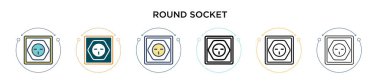Yuvarlak soket simgesi, ince çizgi, özet ve vuruş stili. Mobil, ui, web için iki renkli ve siyah soket vektör simgesi tasarımı vektör illüstrasyonu kullanılabilir