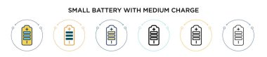 Orta şarjlı küçük bir pil. Dopdolu, ince çizgili, ana hatlı ve vuruş stili. Orta yük vektör simgelerine sahip iki renkli ve siyah küçük bataryanın vektör illüstrasyonu