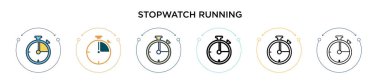 Stopwatch simgesi dolu, ince çizgi, özet ve vuruş tarzında çalışıyor. İki renkli ve siyah kronometre vektör simgelerinin vektör illüstrasyonu mobil, ui, web için kullanılabilir