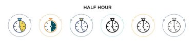 Yarım saatlik bir ikon, ince bir çizgi, özet ve vuruş stili. Mobil, ui, web için iki renkli ve siyah vektör simgelerinin vektör çizimi kullanılabilir