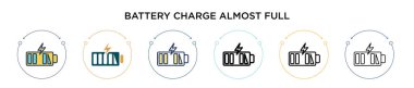 Batarya şarjı neredeyse tam bir ikon, ince çizgi, özet ve vuruş stili. İki renkli ve siyah pil şarjının vektör çizimi neredeyse tam vektör simgeleri taşınabilir için kullanılabilir, ui,