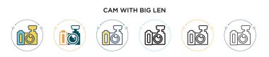 Cam, büyük Len ikonuyla dolu, ince çizgi, özet ve vuruş stili. Büyük len vektör simgelerine sahip iki renkli ve siyah kameranın vektör illüstrasyonu mobil, ui, web için kullanılabilir
