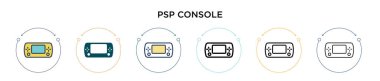 Psp konsol simgesi doldurulmuş, ince çizgi, özet ve vuruş tarzı. Mobil, ui, web için iki renkli ve siyah psp konsol vektör simgesi tasarımı vektör illüstrasyonu kullanılabilir