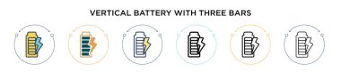 Üç çubuk ikonlu dikey pil, ince çizgi, özet ve vuruş stili. Üç çubuk vektör simgesine sahip iki renkli ve siyah dikey bataryanın vektör çizimi