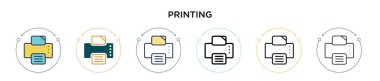 Yazdırma simgesi doldurulmuş, ince çizgi, özet ve vuruş stili. Mobil, ui, web için iki renkli ve siyah yazdırma vektör simgesi tasarımı kullanılabilir