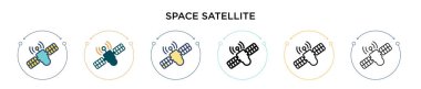 Uzay uydu simgesi doldurulmuş, ince çizgi, ana hatlar ve vuruş stili. Mobil, ui, web için iki renkli ve siyah uzay vektör ikonu tasarımının vektör illüstrasyonu kullanılabilir