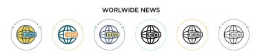 Dünya çapında haber simgesi, ince çizgi, özet ve vuruş tarzında. Mobil, ui, web için iki renkli ve siyah haber vektör ikonu tasarımının vektör illüstrasyonu kullanılabilir