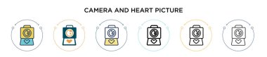 Kamera ve kalp resim simgesi dolu, ince çizgi, özet ve vuruş stili. Mobil, ui, web için iki renkli ve siyah kamera ve kalp resim ikonu tasarımı vektör illüstrasyonu kullanılabilir