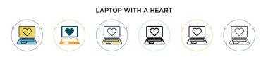 İçinde kalp ikonu olan dizüstü bilgisayar, ince çizgi, taslak ve vuruş stili. Kalp vektör simgeli iki renkli ve siyah dizüstü bilgisayarın vektör illüstrasyonu mobil, ui, web için kullanılabilir