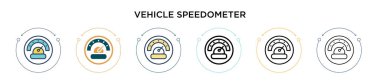 Araç hız göstergesi simgesi doldurulmuş, ince çizgi, ana hatlar ve vuruş stili. Mobil, ui, web için iki renkli ve siyah araç hız göstergesi vektör çizimi kullanılabilir