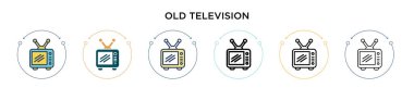Eski televizyon ikonu, ince çizgi, özet ve vuruş stili. Mobil, ui, web için iki renkli ve siyah televizyon vektör ikonu tasarımının vektör illüstrasyonu kullanılabilir