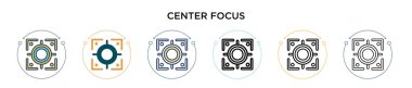 Orta odak simgesi doldurulmuş, ince çizgi, özet ve vuruş stili. Mobil, ui, web için iki renkli ve siyah odak vektör ikonu tasarımının vektör illüstrasyonu kullanılabilir