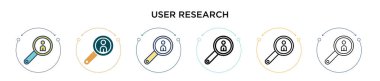 Kullanıcı araştırma simgesi dolu, ince çizgi, özet ve vuruş tarzı. Mobil, ui, web için iki renkli ve siyah kullanıcı araştırma vektör ikonu tasarımının vektör illüstrasyonu kullanılabilir