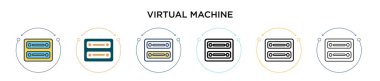 Sanal makine simgesi ile doldurulmuş, ince çizgi, özet ve vuruş stili. Mobil, ui, web için iki renkli ve siyah sanal makine vektör simgesi tasarımı vektör illüstrasyonu kullanılabilir