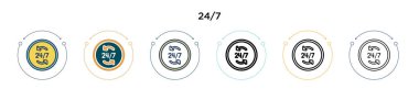 7 / 24 doldurulmuş ikon, ince çizgi, özet ve vuruş stili. 2 renkli ve 7 / 24 vektör simgelerinin vektör illüstrasyonu mobil, ui, web için kullanılabilir