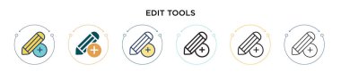 Araç simgesini doldurulmuş, ince çizgi, özet ve vuruş tarzında düzenle. İki renkli ve siyah düzenleme araçlarının vektör illüstrasyonu vektör simgeleri mobil, ui, web için kullanılabilir