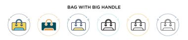 Dolu, ince çizgili, ana hatlı ve vuruş stili büyük saplı çanta. Mobil, ui, web için iki renkli ve siyah çantanın vektör illüstrasyonunda büyük saplı vektör simgeleri kullanılabilir