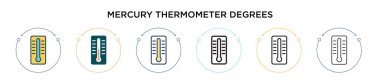 Merkür termometre derecesi simgesi dolu, ince çizgi, dış hat ve vuruş stili. İki renkli ve siyah civa termometre derece vektör ikonu tasarımı mobil tasarım için kullanılabilir, 