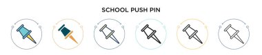 Okul broş simgesi dolu, ince çizgi, özet ve vuruş stili. Mobil, ui, web için iki renkli ve siyah okul itme pin vektör ikonu tasarımı vektör illüstrasyonu kullanılabilir