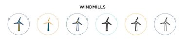 Yel değirmenleri ikonu dolu, ince çizgi, özet ve vuruş stili. Mobil, ui, web için iki renkli ve siyah yel değirmeni vektör ikonu tasarımı vektör illüstrasyonu kullanılabilir
