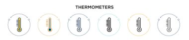 Termometre simgesi doldurulmuş, ince çizgi, özet ve vuruş stili. Mobil, ui, web için iki renkli ve siyah termometre vektör ikonu tasarımı vektör illüstrasyonu kullanılabilir