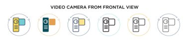 Ön görünüm ikonundan alınan video kamera. Dopdolu, ince çizgi, ana hatlar ve vuruş stili. Ön görünüm vektör simgelerinden iki renkli ve siyah video kameranın vektör illüstrasyonu 