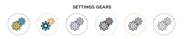 Ayarlar vites simgesi dolu, ince çizgi, özet ve vuruş stili. Mobil, ui, web için iki renkli ve siyah ayarların vektör illüstrasyon dişli vektör ikonu tasarımları kullanılabilir