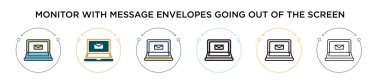 Mesaj zarflarını ekran simgesinden doldurulmuş, ince çizgi halinde, ana hatlarıyla ve vuruş tarzıyla gösteren monitör. İki renkli ve siyah ekranın vektör illüstrasyonuName