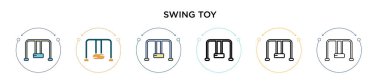 Oyuncak ikonunu doldurulmuş, ince çizgi halinde, ana hatlarıyla ve vuruş stiliyle salla. Mobil, ui, web için iki renkli ve siyah salıncak vektör ikonu tasarımı vektör illüstrasyonu kullanılabilir