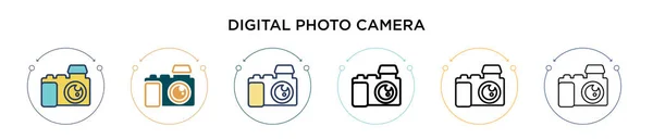 細い線 アウトラインとストロークのスタイルでデジタル写真カメラのアイコン 2色と黒のデジタルフォトカメラのベクトルのアイコンのベクトルイラストは モバイル Webに使用することができます — ストックベクタ