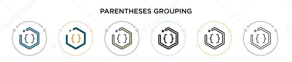 Parentheses grouping symbol icon in filled, thin line, outline and stroke style. Vector illustration of two colored and black parentheses grouping symbol vector icons designs can be used for mobile, 