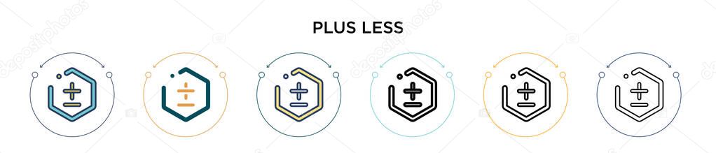 Plus less sign icon in filled, thin line, outline and stroke style. Vector illustration of two colored and black plus less sign vector icons designs can be used for mobile, ui, web