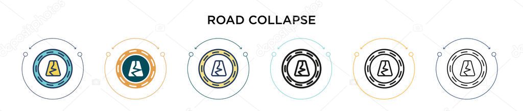 Road collapse icon in filled, thin line, outline and stroke style. Vector illustration of two colored and black road collapse vector icons designs can be used for mobile, ui, web