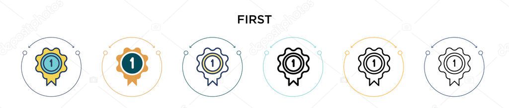 First icon in filled, thin line, outline and stroke style. Vector illustration of two colored and black first vector icons designs can be used for mobile, ui, web