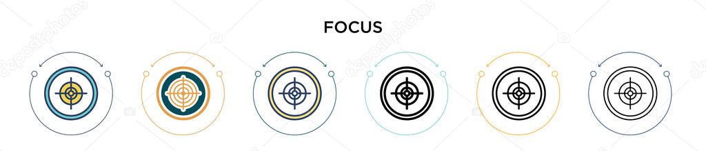 Focus icon in filled, thin line, outline and stroke style. Vector illustration of two colored and black focus vector icons designs can be used for mobile, ui, web