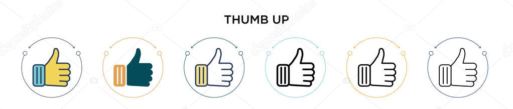 Thumb up icon in filled, thin line, outline and stroke style. Vector illustration of two colored and black thumb up vector icons designs can be used for mobile, ui, web