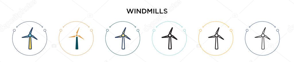 Windmills icon in filled, thin line, outline and stroke style. Vector illustration of two colored and black windmills vector icons designs can be used for mobile, ui, web