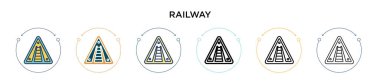 Demiryolu ikonu dolu, ince çizgi, özet ve vuruş stili. Mobil, ui, web için iki renkli ve siyah demiryolu vektör ikonu tasarımı vektör illüstrasyonu kullanılabilir