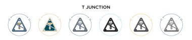 T kavşağı simgesi doldurulmuş, ince çizgi, özet ve vuruş stili. Mobil, ui, web için iki renkli ve siyah t bağlantı vektör ikonu tasarımının vektör illüstrasyonu kullanılabilir