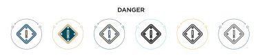 Tehlike işareti simgesi dolu, ince çizgi, özet ve vuruş stili. Mobil, ui, web için iki renkli ve siyah tehlike işaret simgesi tasarımı vektör illüstrasyonu kullanılabilir