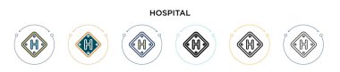 Hastane tabela simgesi dolu, ince çizgi, özet ve vuruş stili. Mobil, ui, web için iki renkli ve siyah hastane işaret simgesi tasarımı vektör illüstrasyonu kullanılabilir