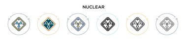Nükleer işaret simgesi dolu, ince çizgi, ana hat ve vuruş stili. Mobil, ui, web için iki renkli ve siyah nükleer işaret simgesi tasarımı vektör illüstrasyonu kullanılabilir