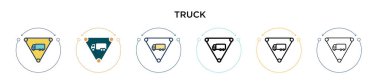 Kamyon işareti simgesi doldurulmuş, ince çizgi, ana hatlar ve vuruş stili. Mobil, ui, web için iki renkli ve siyah kamyon işaret simgesi tasarımı vektör illüstrasyonu kullanılabilir